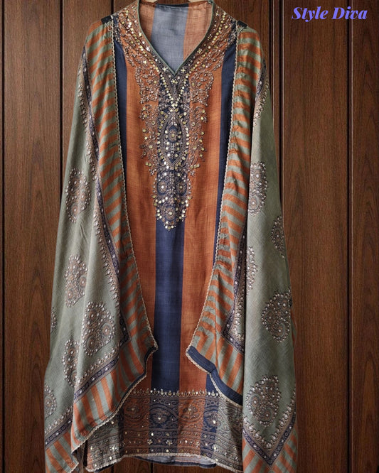 SD1241 - Crepe Unstitched Suit with Mirror Highlighting, Digital Printed Kurta & Matching Border Dupatta