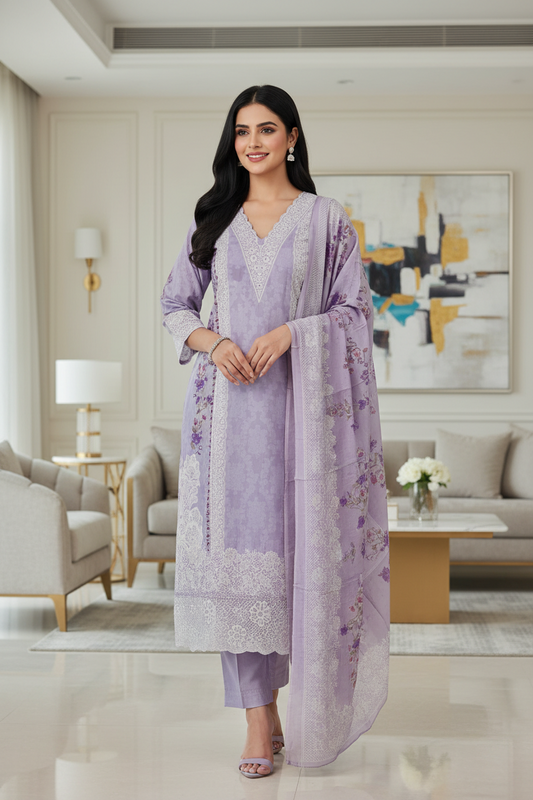Soft Cotton Digital Print Suit with Daman Lacing & Pearl Highlights
