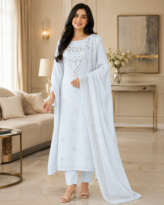Mul Cotton Mukeish Work Un Stitched Suit With Mul Cotton Dupatta
