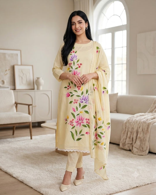 Festive Mul Cotton Brush Paint Unstitched Suit with 3D Embroidery & Crochet Detailing