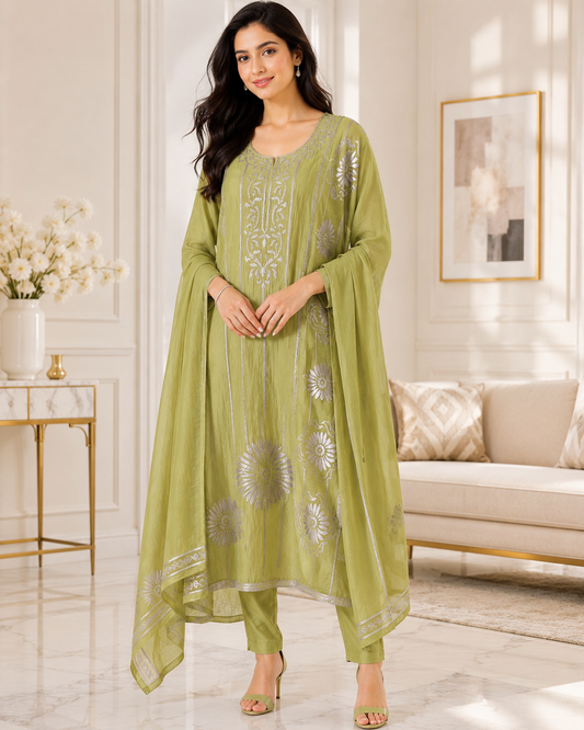 Mul Cotton Faux Leather Work Unstitched Festive Suit Set with Dupatta