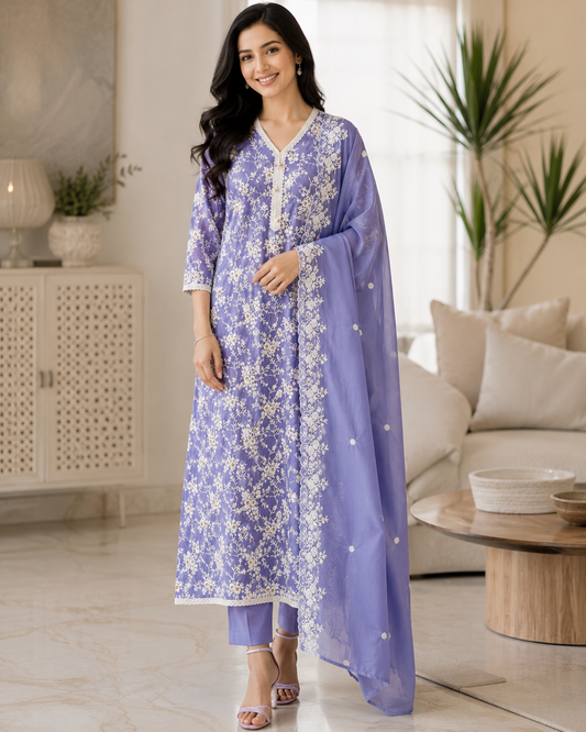 Mul Cotton Pakistani Style Embroidered Unstitched Suit With Crochet Lacing & Scalloped Dupatta
