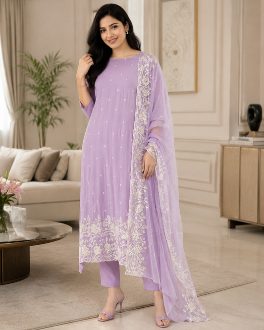 Premium Chinnon Overall Embroidered Unstitched Suit with Pearl Highlights
