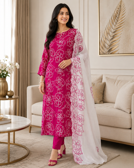 Pure Cotton Unstitched Suit Set with Overall Embroidery & Embroidered Cotton Dupatta