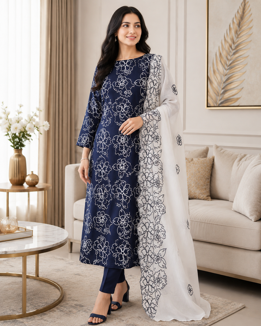 Pure Cotton Unstitched Suit Set with Overall Embroidery & Embroidered Cotton Dupatta