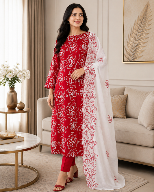 Pure Cotton Unstitched Suit Set with Overall Embroidery & Embroidered Cotton Dupatta