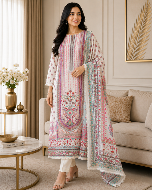 Premium Pure Cotton Digital Print Dress Material with Crochet Lace Border Dupatta