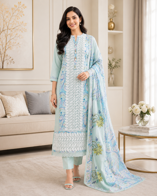 Pure Cotton Digital Print Unstitched Suit Set with Crochet Lace and Embroidered Dupatta