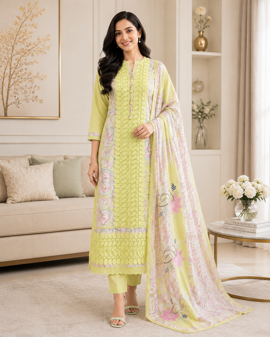 Pure Cotton Digital Print Unstitched Suit Set with Crochet Lace and Embroidered Dupatta