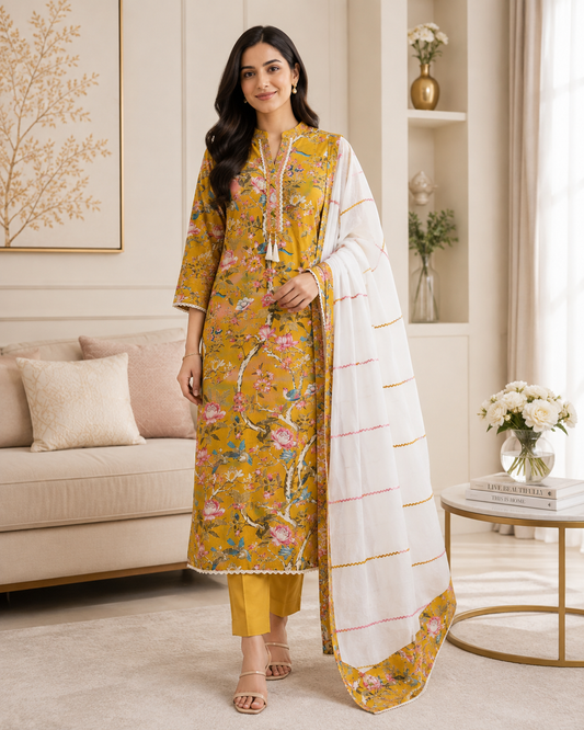Cotton Floral Print Unstitched Suit Set with Crochet Lace & Cotton Dupatta