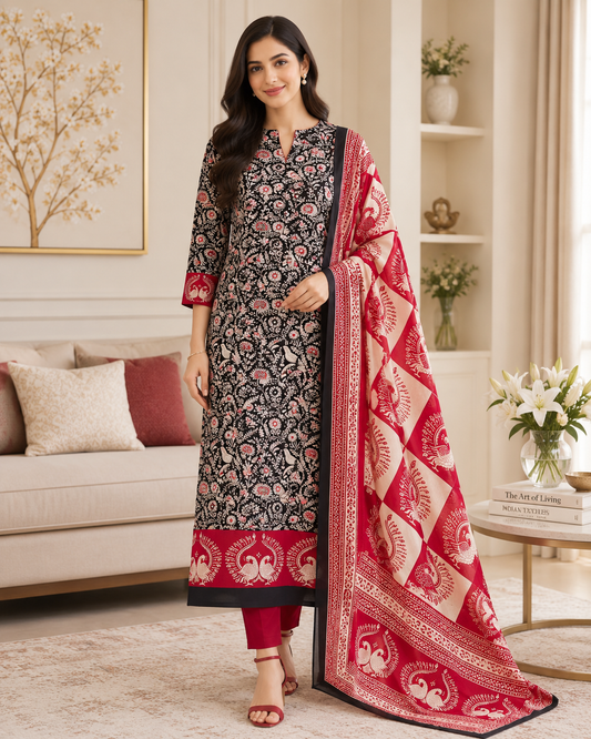 Cotton Traditional Print Unstitched Suit Set with Mul Cotton Printed Dupatta