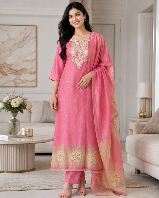 Jamdani Cotton Lagdi Patta- Faux Leather Unstitched Suit (3 PC Set)