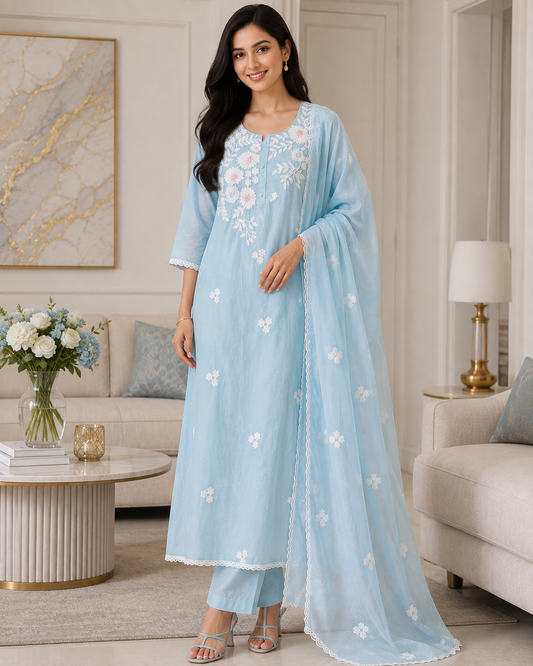 Mul Cotton Embroidered & Pearl Work Unstitched Suit with Embroidered Dupatta