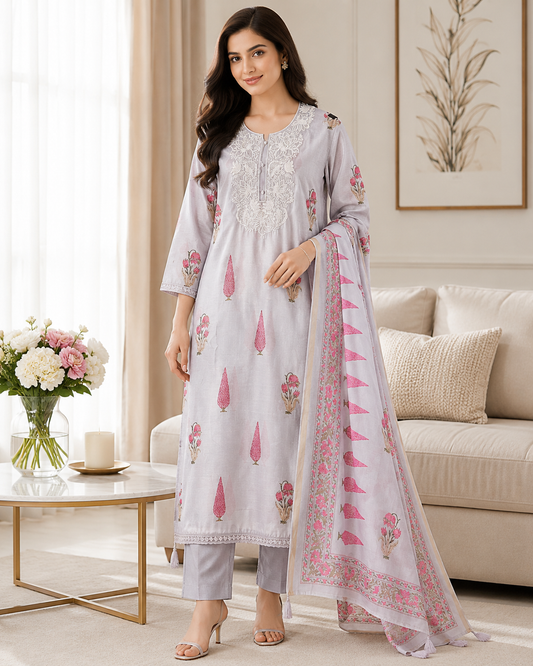 Mul Cotton Digital Print Unstitched Suit Set with Embroidered Neck & Dupatta