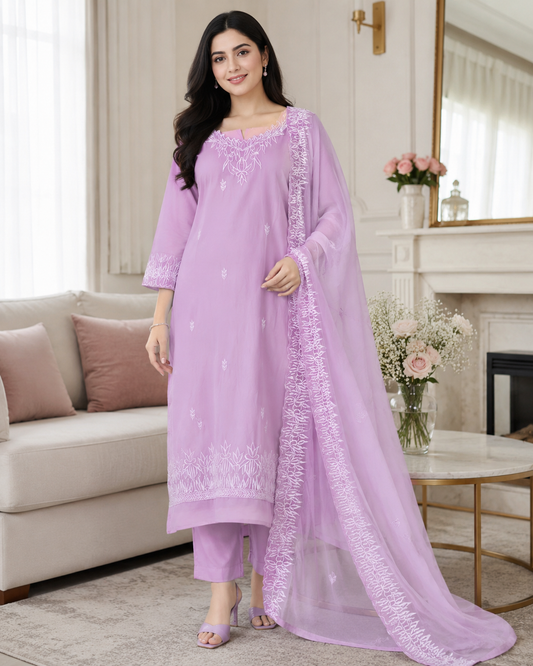 Pastel Organza Embroidered 3-Piece Fully Stitched Suit with Shantoon Pants