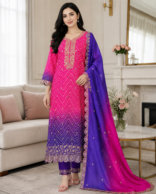 Chinnon Ombre Digital Printed 3-Piece Fully Stitched Suit with Sequin Embroidery & Shantoon Pants