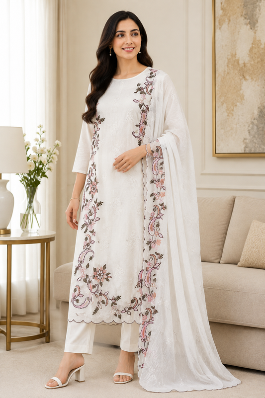 Mul Cotton Embroidered & Schiffli Work Unstitched Suit with Embroidered Dupatta
