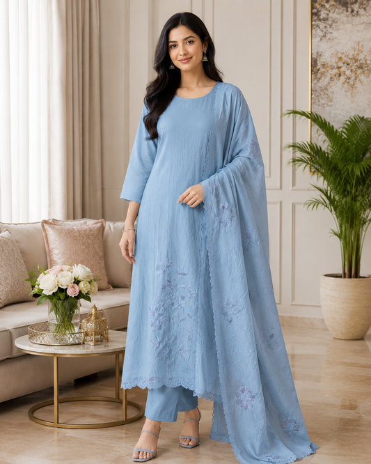 Crush Mul Cotton Overall Laser Cut Embroidery Unstitched Suit with Scalloped Embroidered Dupatta