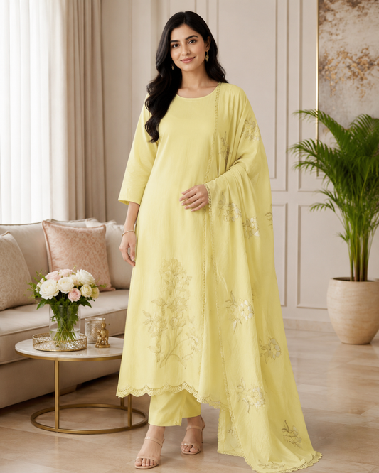 Crush Mul Cotton Overall Laser Cut Embroidery Unstitched Suit with Scalloped Embroidered Dupatta