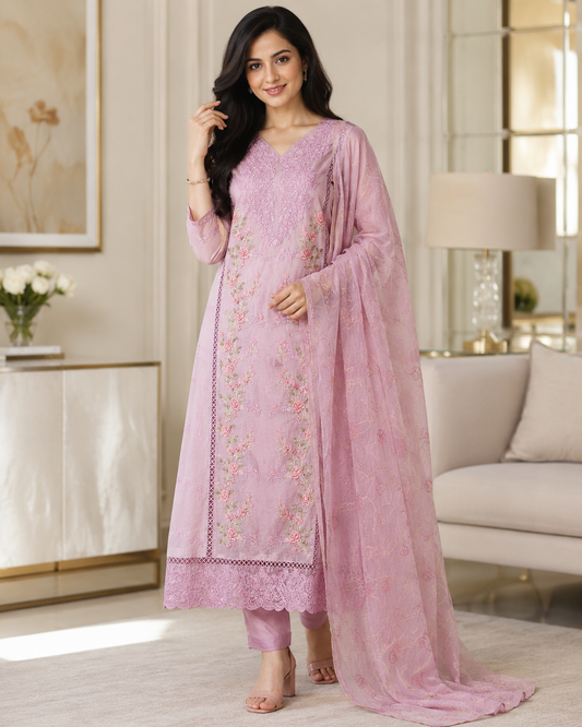 Mul Cotton Dual Overall Embroidery Unstitched Suit with Embroidered Dupatta | Festive & Party Wear