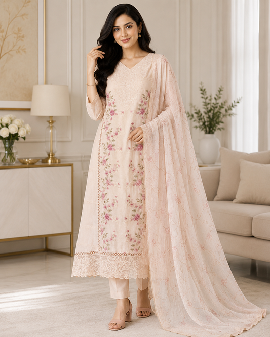 Mul Cotton Dual Overall Embroidery Unstitched Suit with Embroidered Dupatta | Festive & Party Wear
