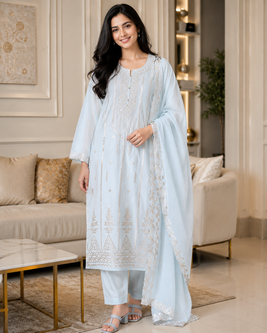 Mul Cotton Faux Leather Work Unstitched Suit Set for Women | Festive & Party Wear