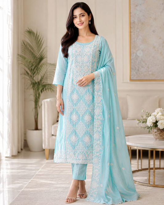 Premium Mul Cotton Lucknowi Embroidered Unstitched Suit Set With Scalloped Edge Dupatta