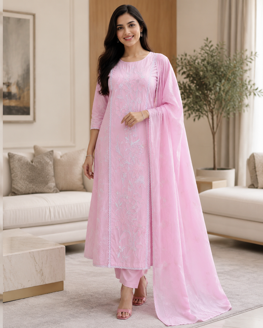 Cotton Printed Laser Cut Embroidery Unstitched Suit with Embroidered Mul Cotton Dupatta