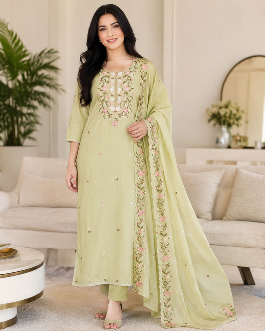 Mul Cotton Colorful Embroidered Unstitched Suit Set with Scalloped Embroidered Dupatta