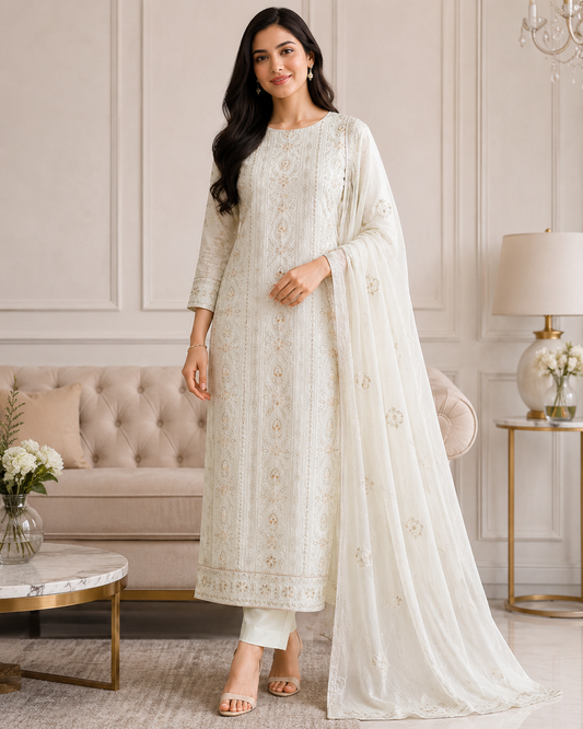 Premium Georgette Lucknowi Gotta & Zari Work Unstitched Suit with Pure Chiffon Dupatta