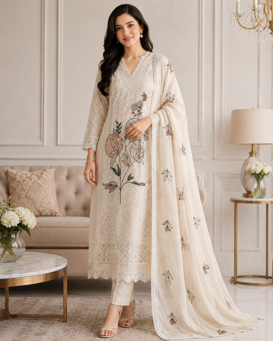 Cotton (Khadi) Pakistani Crochet Lacing Embroidered Unstitched Suit with Designer Dupatta