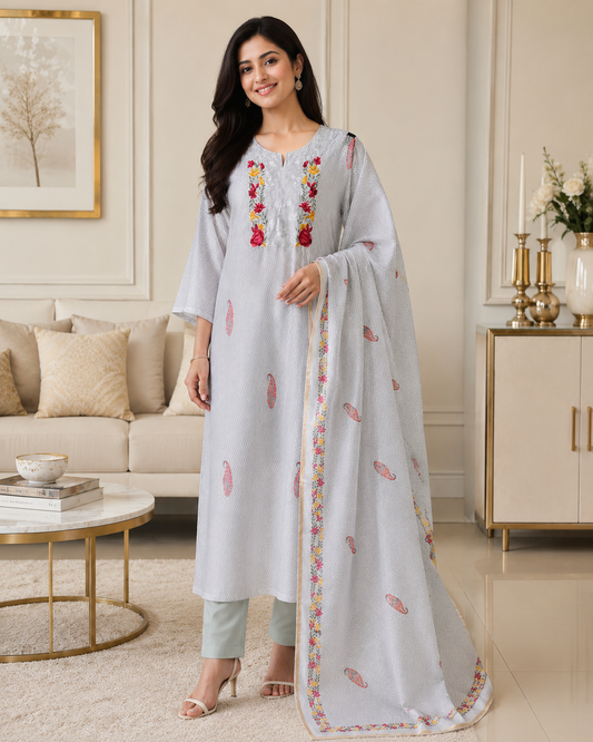 (LIGHT GREY)-Mul Cotton Printed Unstitched Suit with Neck Embroidery & Digital Print Dupatta
