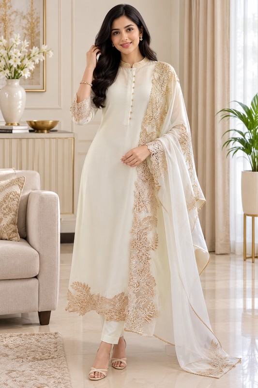 Designer Organza 3-Piece Unstitched Suit with Gotta Work & Scalloped Edges