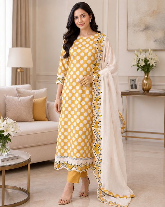 Pure Cotton Polka Printed Daman Embroidery Unstitched Suit with Scalloped Embroidered Dupatta