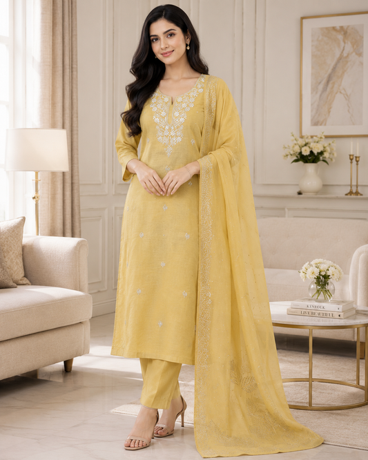 Mul Cotton Pita Work Unstitched Suit with Mukaish Dupatta