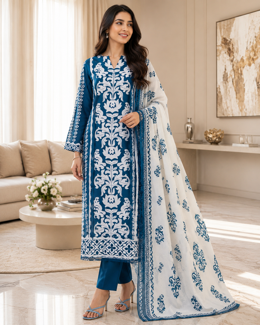 Cotton Digital Print Unstitched Suit with Bead Work and Mul Dupatta