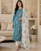 Pure Cotton Thread Embroidered Unstitched Suit with Embroidered Mul Cotton Dupatta and Chikanri Bottom
