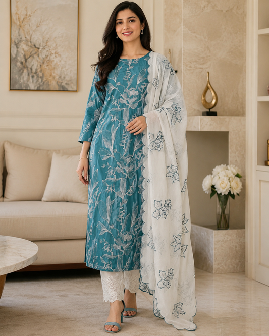 Pure Cotton Thread Embroidered Unstitched Suit with Embroidered Mul Cotton Dupatta and Chikanri Bottom