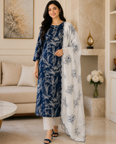 Pure Cotton Thread Embroidered Unstitched Suit with Embroidered Mul Cotton Dupatta and Chikankari Bottom