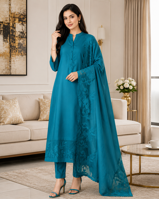 Mul Chanderi Un Stitched Suit with Organza Applique Work Border Dupatta
