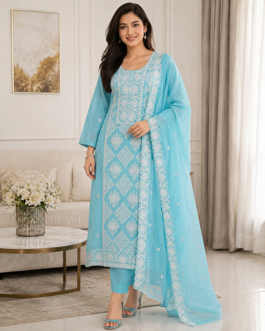 Mul Cotton Lucknowi Embroidered Un-Stitched Suit with Embroidered Dupatta