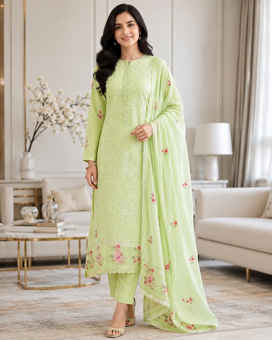 Mul Cotton Overall Embroidered Un Stitched Suit with Designer Embroidered Dupatta