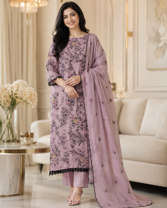 Mul Cotton Thread Embroidered Unstitched Suit with Scalloped Embroidered Dupatta