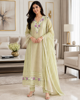 Jamdani Cotton Crochet Lace & 3D Floral Unstitched Suit with Jamdani Dupatta