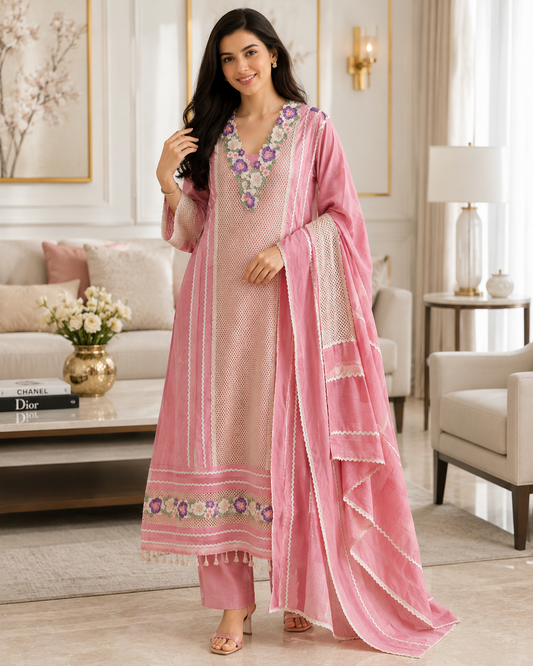 Jamdani Cotton Crochet Lace & 3D Floral Unstitched Suit with Jamdani Dupatta