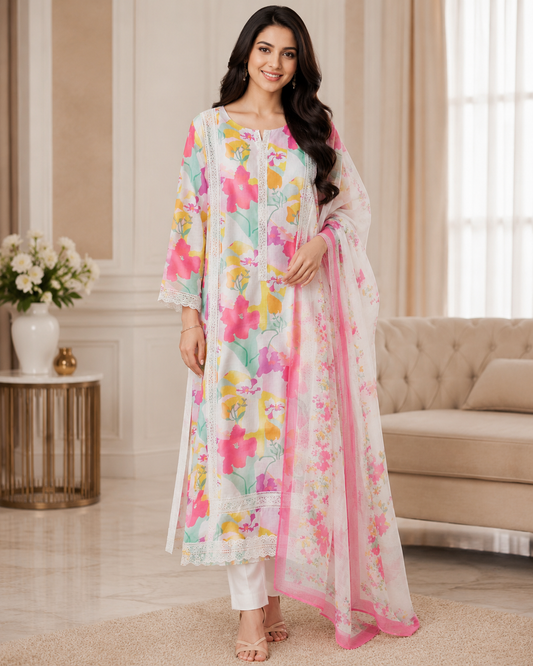 Linen Cotton Unstitched Suit Set Featuring Crochet Lacing & Digital Print Dupatta