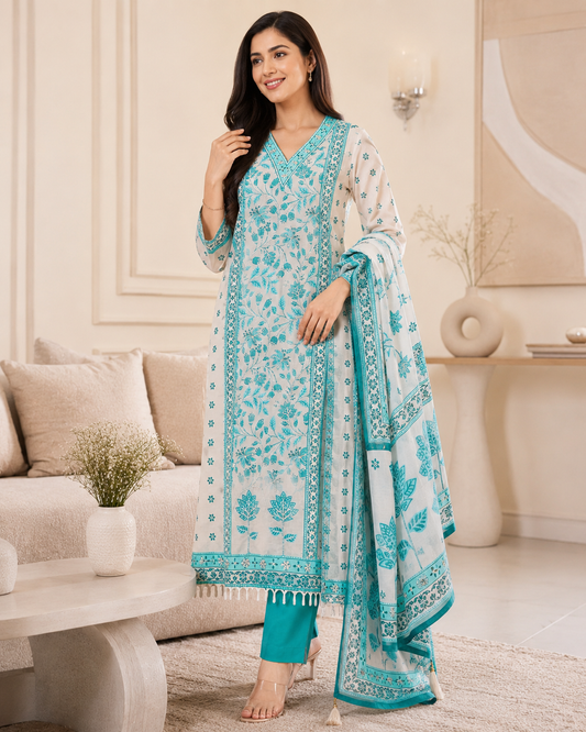 Muslin Digital Printed Cut Dana Work Semi-Stitched Suit with Tassel Dupatta
