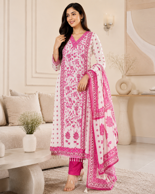 Muslin Digital Printed Cut Dana Work Semi-Stitched Suit with Tassel Dupatta