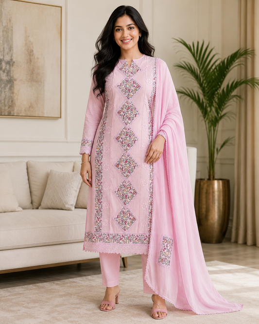 Mul Cotton Pakistani Style Embroidered Unstitched Suit with Crochet Lacing Dupatta