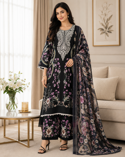 Fully Stitched -Rayon Pakistani Style Suit with Digital Print, Embroidery & Cotton Dupatta